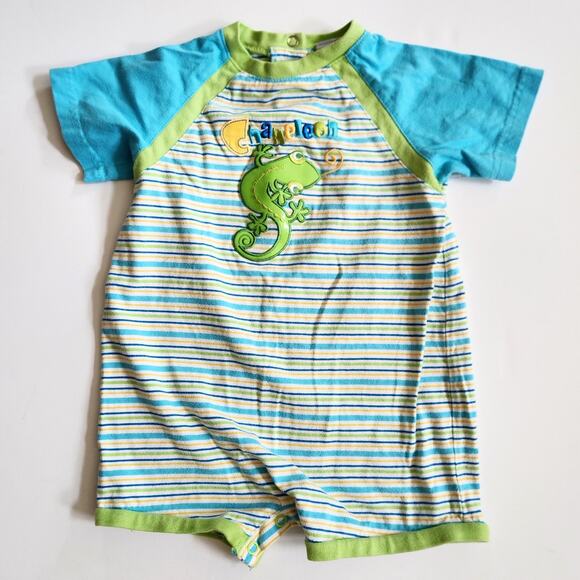 Okie Dokie Turquoise & Green Striped Chameleon Baby Cotton Romper Size 18 Months - Picture 1 of 6